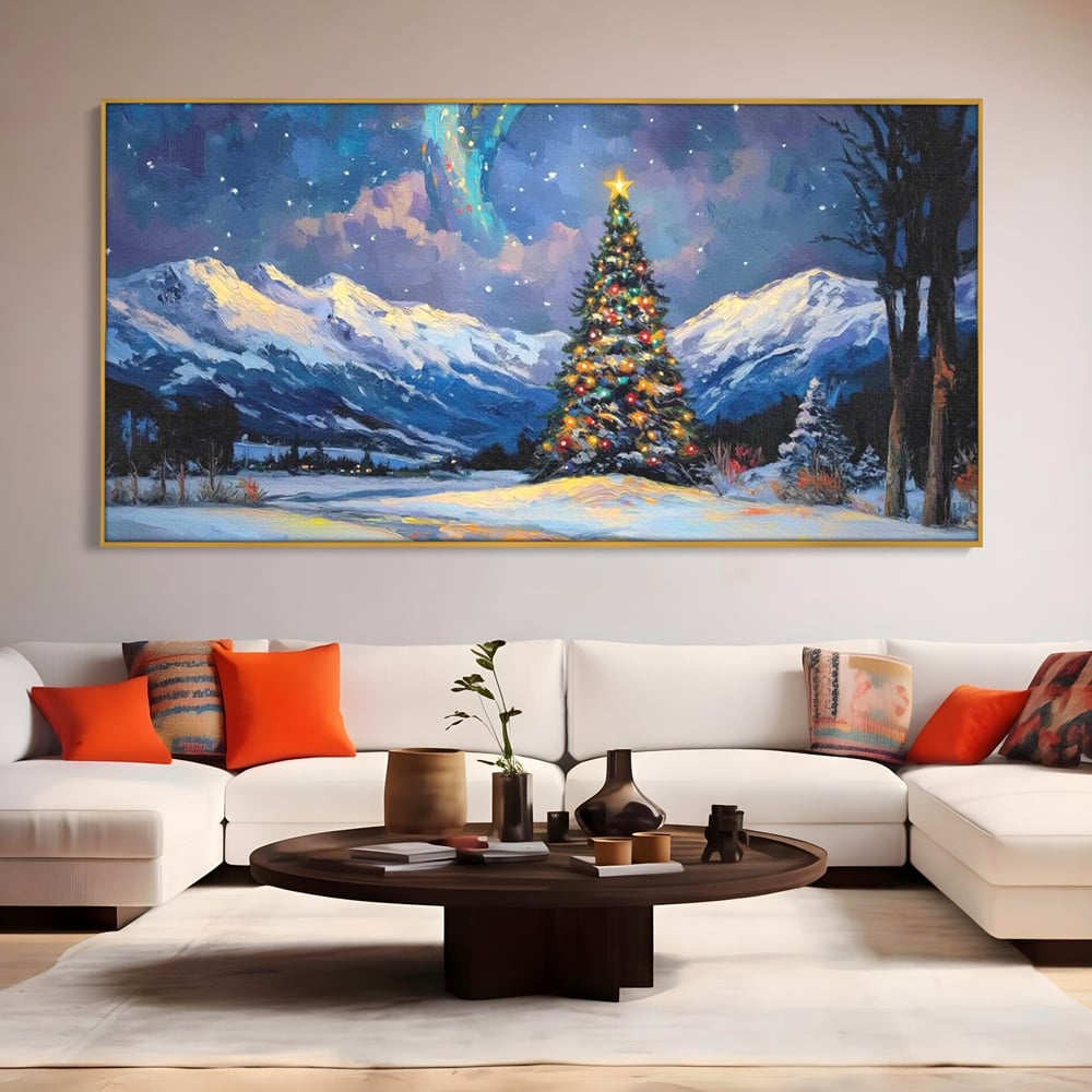 Tablou canvas cu tablou canvas cu brad impodobit noaptea, in rama de aluminiu auriu, pe perete intr-un living
